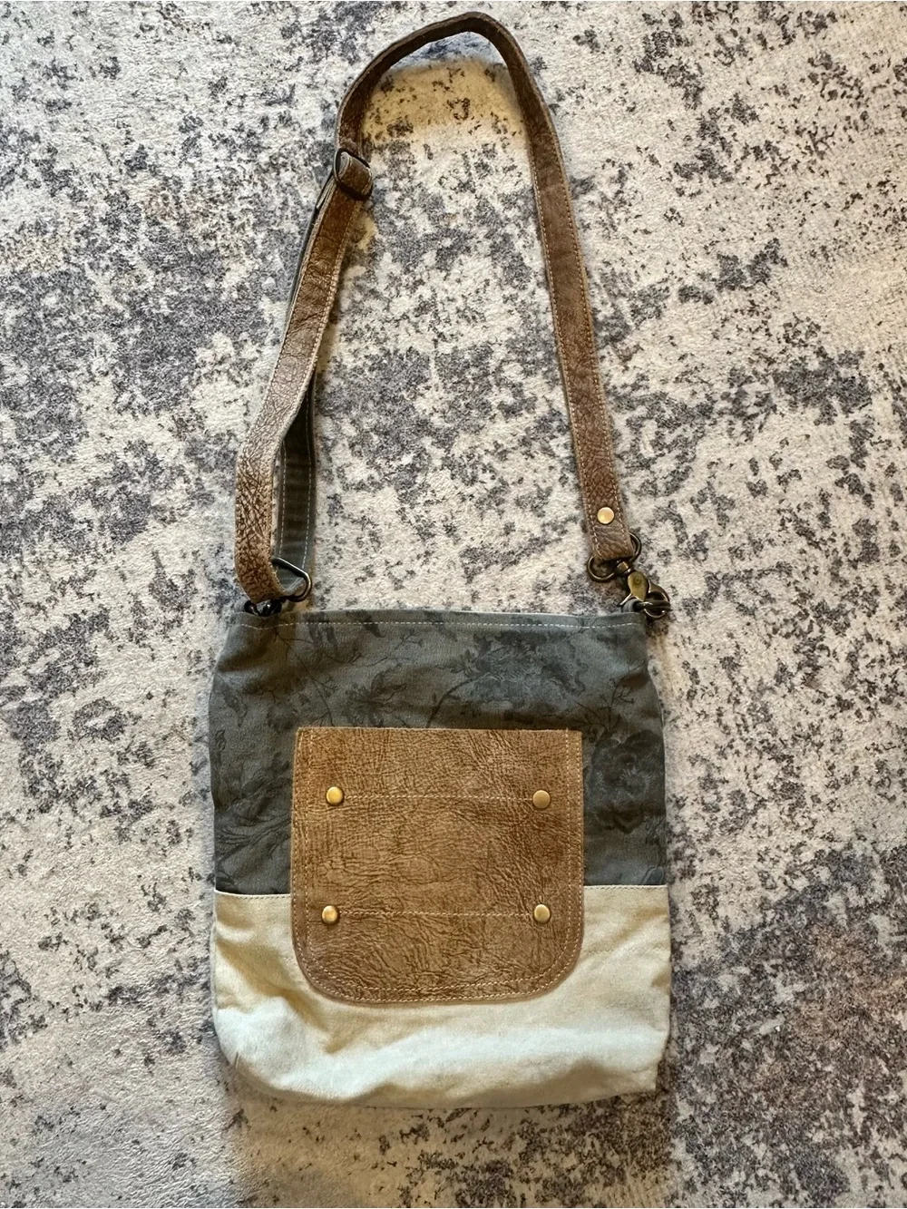 EUC Myra Bags Leather Pocket Upcycled Canvas Shoulder Bag